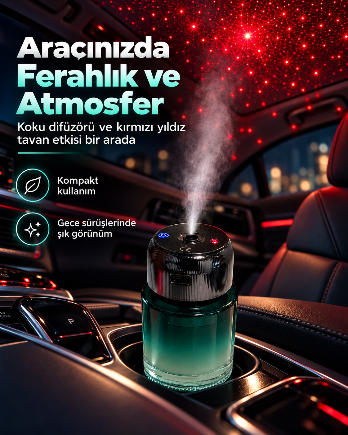 Şarjlı ve Doldurulabilir Araç Kokusu – Kırmızı Yıldız Tavan Efektli Koku Difüzörü